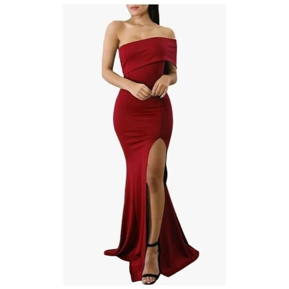 Asvivid Dress NWT Red Off The Shoulder One Sleeve Slit Maxi Party Evening Sz 2XL - Picture 1 of 5